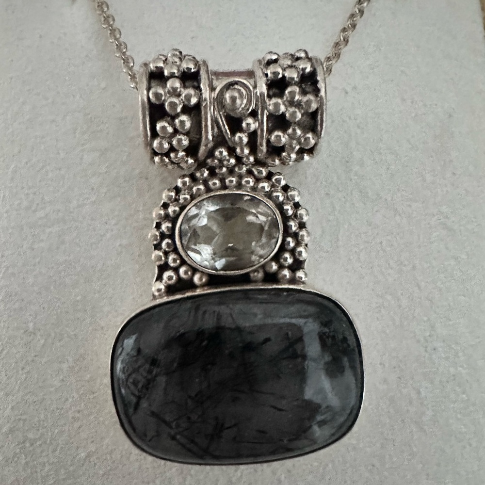 SALE! Gorgeous Sterling Silver Vintage Black Rutilated Quartz Pendant Necklace